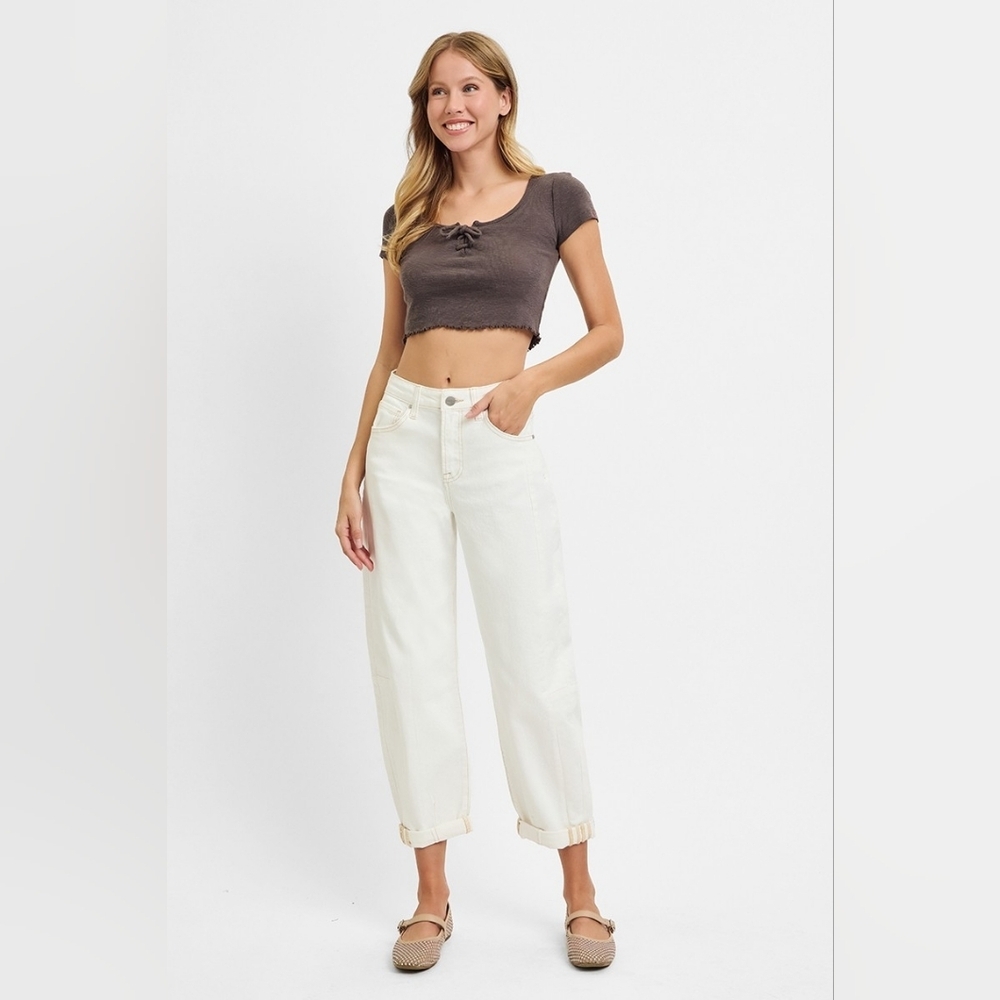 Risen High Rise Barrel Jeans Stretch Cuffed Relaxed Neutral Cream Various NEW - Picture 1 of 12